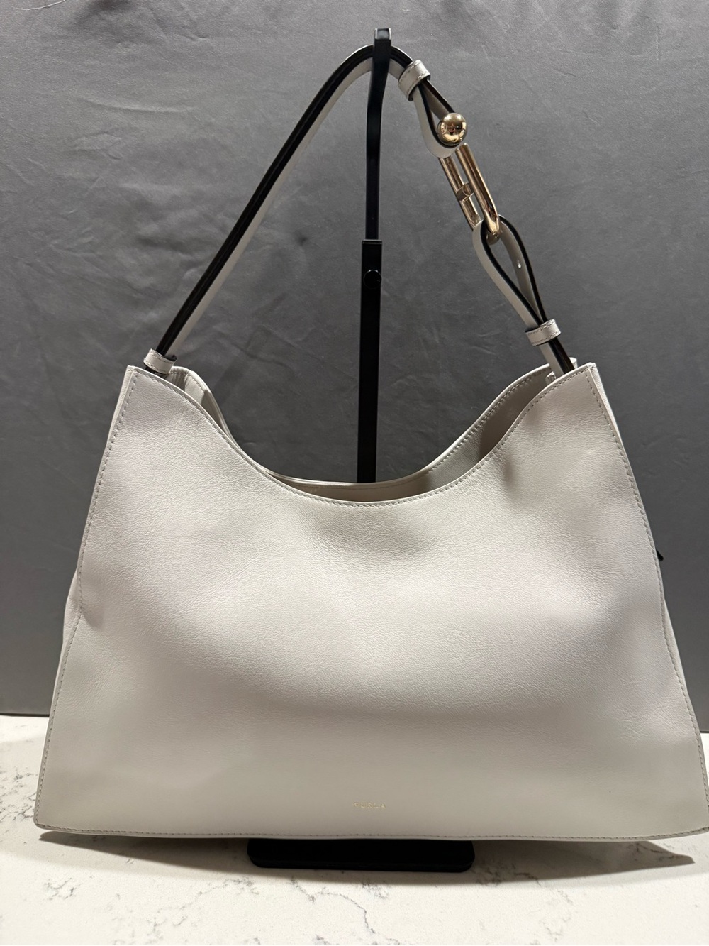 Furla Soft Hobo Shoulder Bag in Light Gray with Black Strap